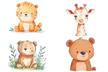  watercolor cartoon illustration collection set, cute baby animals, isolated on white background, idea for sticker and junk journal clipart, Generative Ai