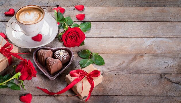 valentine s day banner with coffee cup heart shape chocolate rose flowers and gift boxes on wooden background illustration