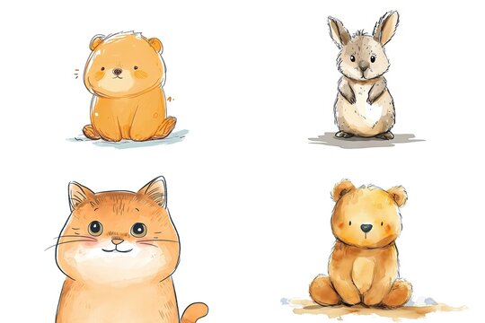  watercolor cartoon illustration collection set, cute baby animals, isolated on white background, idea for sticker and junk journal clipart, cat, bear, rabbit, Generative Ai