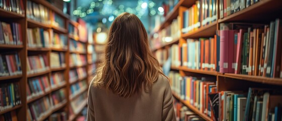 A Woman Peacefully Browsing Through Shelves Of Books In A Bookshop - obrazy, fototapety, plakaty