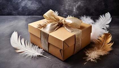 craft gift box on a dark background decorated with a textured bow and feathers creating a romantic luxury atmosphere for birthday anniversary presents created with generativetechnology illustration