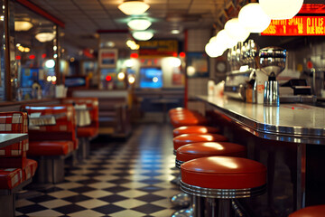 An empty American diner, vintage restaurant - obrazy, fototapety, plakaty