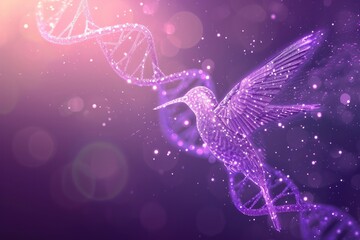 Abstract Bird Dna Molecules On A Purple Background. Сoncept Nature's Symphony, Floral Delight, Serene Landscapes, Captivating Wildlife, Majestic Waterfalls