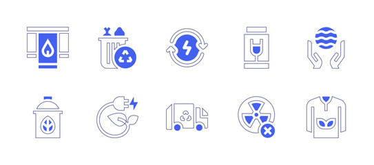 Ecology icon set. Duotone style line stroke and bold. Vector illustration. Containing organic, green energy, world oceans day, renewable energy, clothing, recycling, spray, decoration, battery.