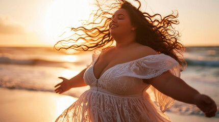 Beautiful happy plus size girl dancing on the beach with her hair flying. Body love concept. Generative AI