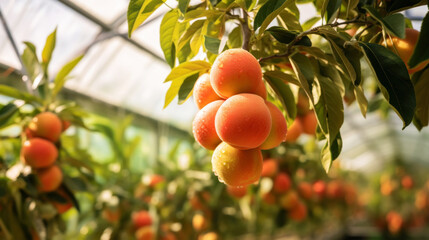 Ripe organic peaches growing on tree in greenhouse. Healthy fruits concept Generative AI