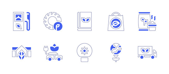 Ecology icon set. Duotone style line stroke and bold. Vector illustration. Containing tire, electric car, compost, book, truck, innovate, house, bio, paper bag, world.