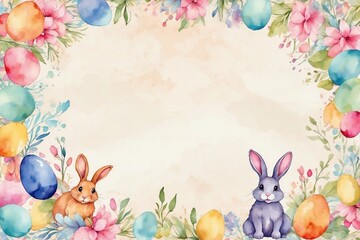 Naklejka na ściany i meble easter watercolor background with easter eggs and bunny, vibrant flowers, whimsical designs for invitations, cards, greetings, and celebrations