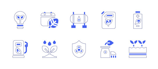 Ecology icon set. Duotone style line stroke and bold. Vector illustration. Containing bulb, fuel station, biofuel, nuclear power, gas, protection, battery, sprouts, leaf, plant.