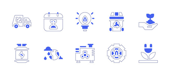 Ecology icon set. Duotone style line stroke and bold. Vector illustration. Containing recycling truck, hydrogen, recycle bin, settings, light, electric generator, leaf, plug, sprout, world.