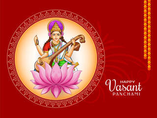 Naklejka na ściany i meble Happy Vasant Panchami religious Indian festival card with goddess Saraswati design