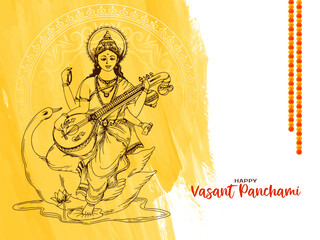 Happy Vasant Panchami festival celebration card with goddess Saraswati illustration