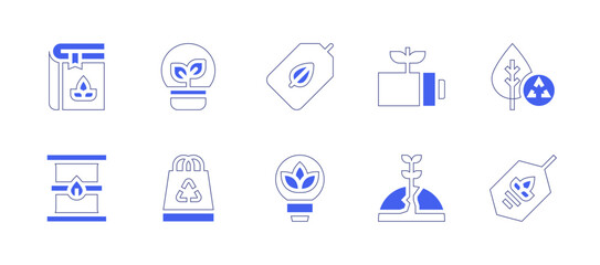 Ecology icon set. Duotone style line stroke and bold. Vector illustration. Containing recycling, eco tag, environment, ecology book, eco battery, eco fuel, ecology, light bulb, paper bag.