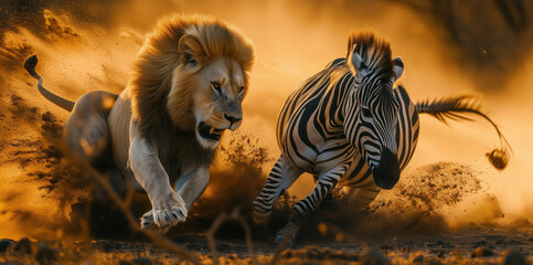 Strong and big lion hunting zebra. Survival and balance in nature concept. Freedom concept - obrazy, fototapety, plakaty