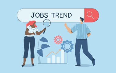 Finding job trends, Search new business opportunities or looking for a new job, Employment or job search, Male and female employees use a magnifying glass to search for jobs on the search bar.