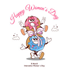 happy women's day greeting card with cute cartoon donuts character