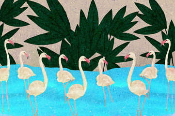 Ilustracja grafika flamingi w błękitnej wodzie z roślinami na brzegu. - 709714492