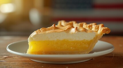 A slice of lemon meringue pie on a white plate, AI