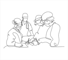 Single continuous single line drawing group of team surgeon doctor doing surgery operation to the patient with critical condition. Operating surgery concept one line draw design vector illustration