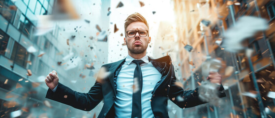 Confident Businessman Shields Himself From Financial Downturn With Resilience And Strategy. Сoncept Business Strategy, Resilience, Financial Downturn, Confident Businessman - obrazy, fototapety, plakaty