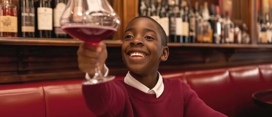 Happiness African Boy Sipping A Cosmopolitan In Diner. Сoncept Engagement Shoot In Nature, Vintage Inspired Photos, Love And Laughter, Sunset Beach Portraits - obrazy, fototapety, plakaty