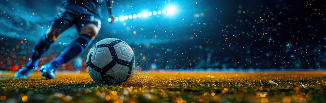 Fototapeta Banner. Cropped portrait of male soccer player playing football, training kicking ball to score goal to opponent gates.