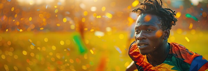 Euphoric African-American man celebrating his team's victory with confetti on sport playground with...
