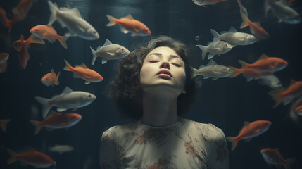 Schlafende Frau unter Wasser von Fischen umgeben. Ruhige tiefenentspannte Atmosphäre. Surrealistische Illustration. 
