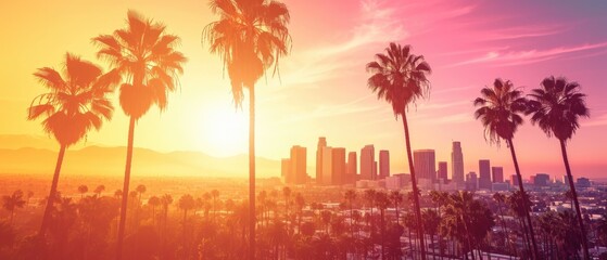 Palm Trees Frame The Iconic Los Angeles Skyline In This Vibrant Photo - obrazy, fototapety, plakaty