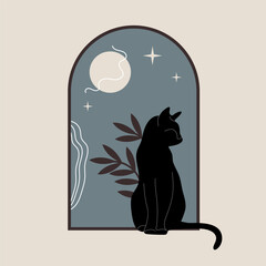 Vector Illustration Vintage Black Cat in Moonlight. Isolated. Halloween Decor, Whimsical Elegance. Feline Charm