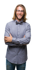Young handsome man with long hair wearing bow tie over isolated background happy face smiling with...