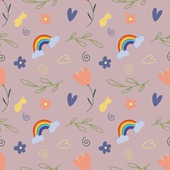 Naklejka premium Colorful cute floral and rainbow seamless pattern background. Textured illustration, hand drawn.