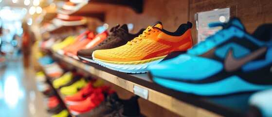 Showcasing Fashionable Athletic Footwear In A Chic Boutique. Сoncept Sporty Chic, Athletic Shoe Trends, Boutique Fashion, Footwear Showcase, Stylish Active Wear - obrazy, fototapety, plakaty