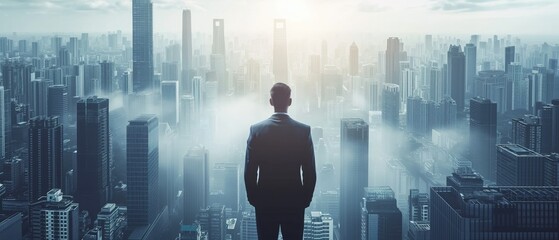 Successful Businessman Surveys Bustling Metropolis As His Heroic Alter Ego Emerges. Сoncept Cityscape Vibes, Heroic Transformations, Double Identity, Business Success, Metropolis Adventures - obrazy, fototapety, plakaty