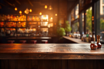 Rustic empty wooden table. Vintage pub interior. Dark wood counter. - obrazy, fototapety, plakaty
