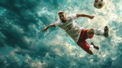 Frozen movement. Portrait of competitive young man, soccer player passes ball to colleague in air against cloudy sky background.