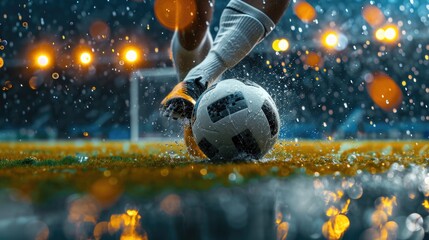 Close up image of football player pass to a teammate during heavy rain and escape from competitors....