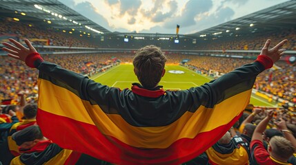 Back view of man, soccer fan with German flag raised hands after his team scored goal. Rear view of...