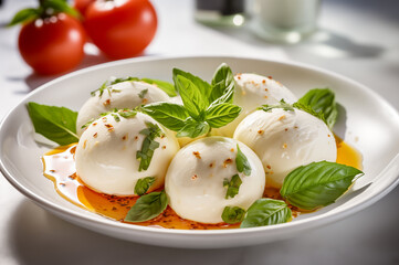 Chilli Oil Marinated Mozzarella Balls appetizer with fresh basil leaves in white bowl. Horizontal, side view.