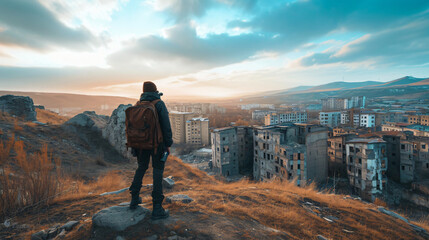 A lone wanderer observing a dilapidated city from a hilltop with a backpack and binoculars. - obrazy, fototapety, plakaty
