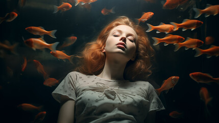 Schlafende Frau von Goldfischen umgeben, beleuchtet. Konzept: Fische als Traumsymbol. Surrealistische Illustration.  - obrazy, fototapety, plakaty
