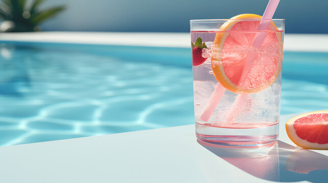 Refreshing summer cocktail with ice cubes and fruits on swimming pool background, summer vacation, holiday vibe