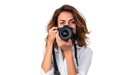 Adult Lady with Camera on a transparent background - obrazy, fototapety, plakaty
