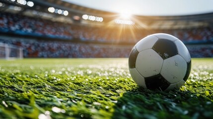 Poster,Close up photo of soccer ball sitting on lush empty soccer field with green grass illuminated by morning sunlight . - obrazy, fototapety, plakaty
