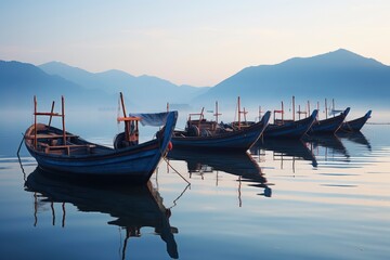 Traditional Wooden Boats on Calm Lake at Dawn