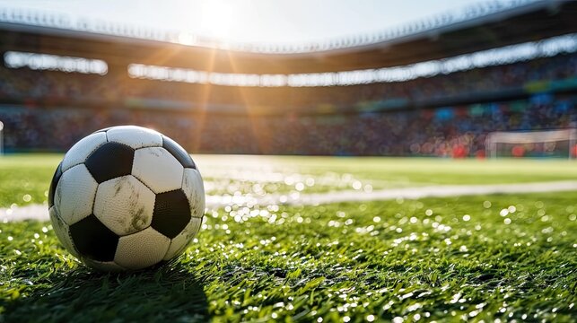 Close up photo of soccer ball sitting on lush empty soccer field with green grass illuminated by morning sunlight .
