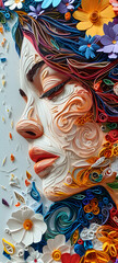 Fototapeta premium Blossoming Beauty: Artwork Featuring the Face of a Beautiful Woman Adorned with Floral Facets - Generative AI