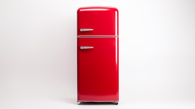 Photograph vintage red refrigerator isolated on white background 