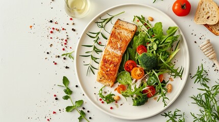 Sun-Kissed Plate of Fish, Veggies, Salad and Bread on White