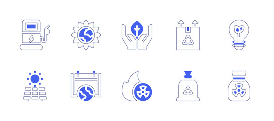 Ecology icon set. Duotone style line stroke and bold. Vector illustration. Containing electric station, solar panel, recovery, garbage bag, biology, nuclear, light bulb, garbage, mother earth day.